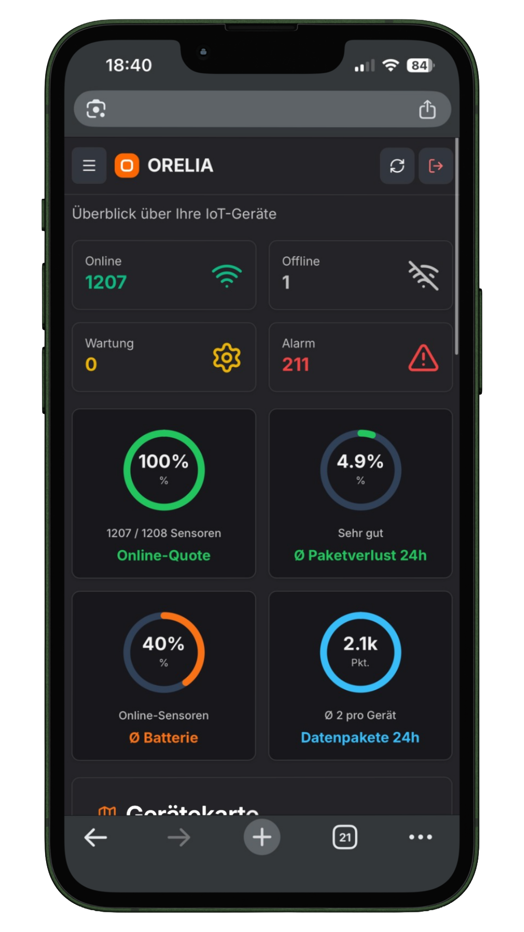 Orelia Webapp Dashboard mit Geräteübersicht auf dem Smartphone