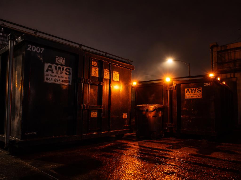 Industrielle Müllcontainer bei Nacht