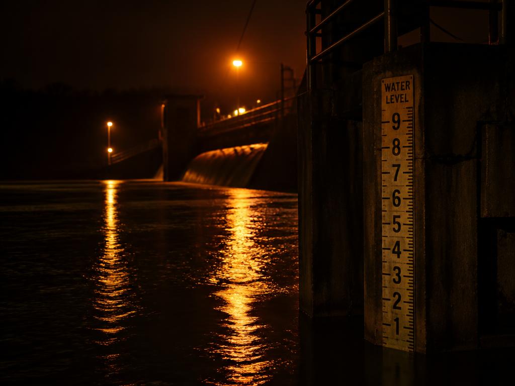 Flusspegel und Überlauf bei Nacht