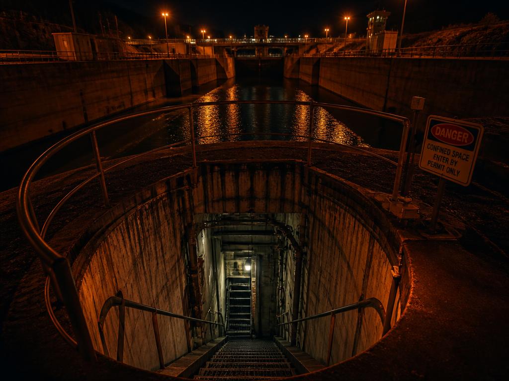 Kanal und Schacht Zugang bei Nacht