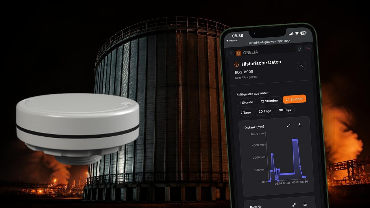 EOS Radar-Füllstandsensor mit Silo und Orelia App